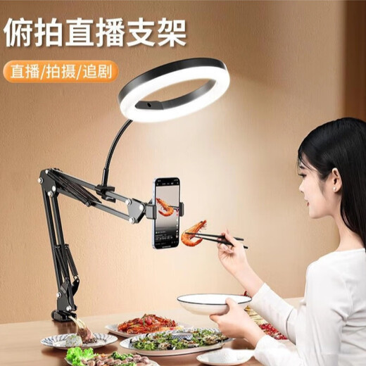 Professional overhead mobile phone stand, new live broadcast with fill light, desktop shooting, live broadcast clip, video, vlog, book shooting, clip-on cantilever stand + 26cm fill light