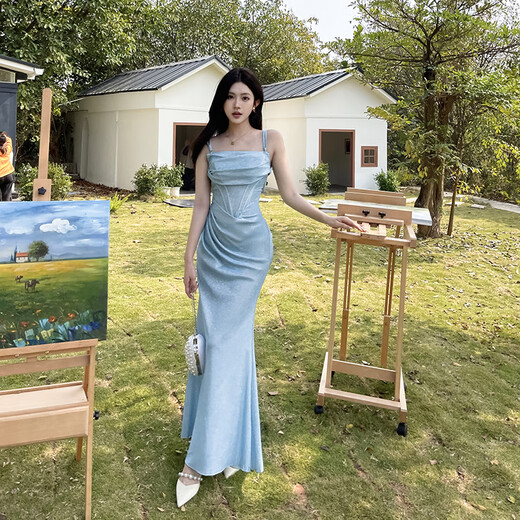 Now Pauline European and American blue dress women's sparkling long skirt annual party dinner birthday dress blue M