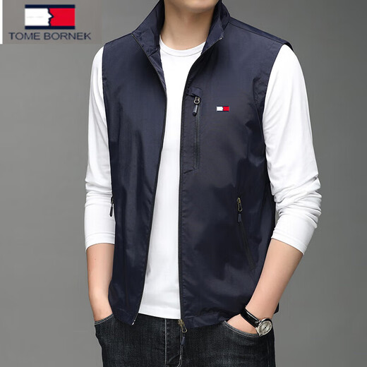 TOME BORNEK Tommy Hommes Printemps et Automne Mince Col Montant Gilet Veste Gilet Extérieur Polyvalent Décontracté Sans Manches Gilet Extérieur Mode 686 Bleu M Poids Recommandé 100-115 Jin Jin est égal à 0,5 kg