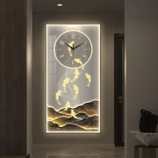 蓝迪莺现代轻奢九鱼图玄关装饰画钟表挂钟客厅走廊过道挂画创意时钟壁灯 SXS3524 50*100cm竖款+钢化膜镜面