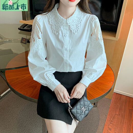 艾妃琳刺绣纯棉衬衫女2025年秋装新款时尚绣花白色衬衣宽松百搭长袖上衣 CY9227 白色 S 【建议75-95斤】
