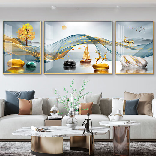 
XMSJ custom-made suitable for light luxury living room decoration painting sofa background wall mural painting Fulu landscape triptych painting atmospheric hj-3886-Financial Rebundle Suitable for 2-2.5 meters sofa 40*60E on both sides