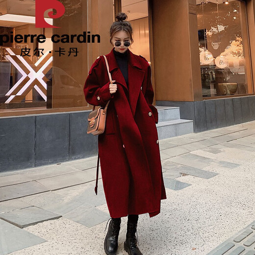 皮尔卡丹感酒红色结婚呢子大衣女2024秋冬时尚中长款加厚毛呢大衣 酒红色 【761款】 S 【115斤内】