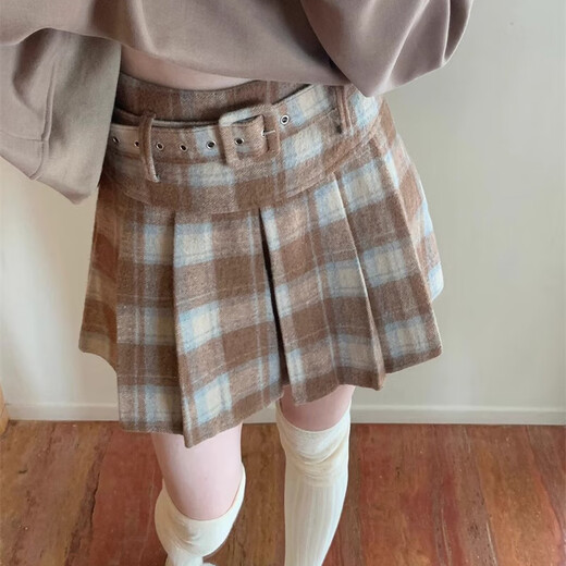 Miao Yijia Short Skirt Autumn and Winter Skirt Women's Pleated Skirt Skirt Plaid New Woolen Winter Skirt A Line Skirt New 2025 Retro Plaid Woolen Khaki Skirt M Recommendation 95-110Jin Jin is equal to 0.5 kg