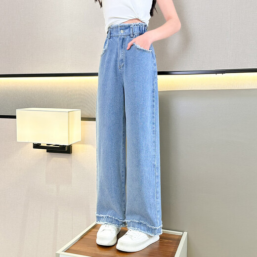 NICKYBABY girls' pants summer thin children's 2025 new summer Tennis straight jeans big children's ice silk wide-leg pants 15030 blue + 9889 blue [set] 130