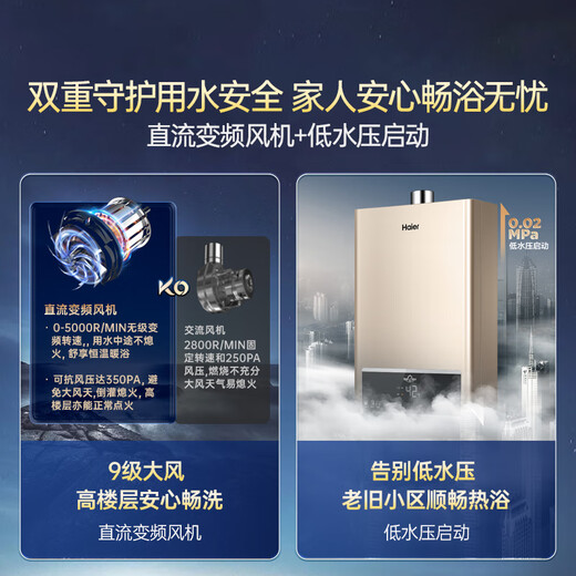Haier UTS 12-liter liquefied gas & gas water heater, safe for home use, water and gas dual-adjustable constant temperature, ECO energy saving of 40%, national subsidy of 15%, low water pressure start