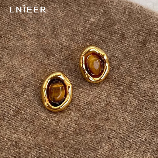 Lnieer S925 Silver Maillard Tiger Eye Stone Earrings Women's Retro Hong Kong Style Autumn and Winter Earrings 2025 New High-end Earrings Tiger Eye Stone Earrings S925 Silver Needle