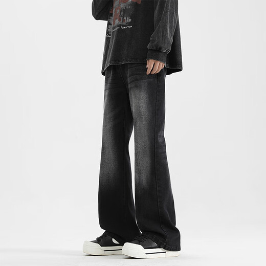 MONPOC American high street bootcut jeans men's spring, autumn and winter trendy casual straight long pants 908 black gray L