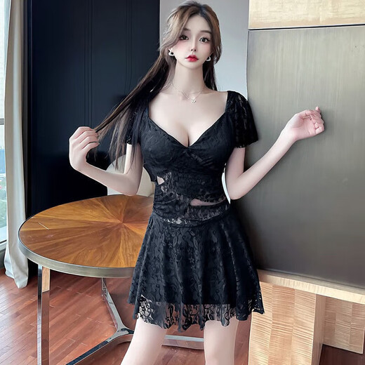 欲动夜店性感连衣裙微胖夜场技师女装短袖款足浴低胸V领修身收腰裙子 气质黑 L 110~120斤
