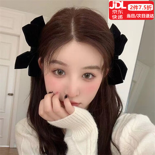 伊莉洛复古黑色丝绒蝴蝶结发夹女后脑勺公主头侧边刘海对夹一字夹发饰品 双层双面绒蝴蝶结边夹-[黑色]2只