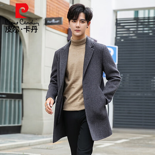皮尔卡丹高端秋冬季毛呢大衣男中长款羊驼绒羊毛双面呢外套男士韩版风衣男 混咖色 3XL 190