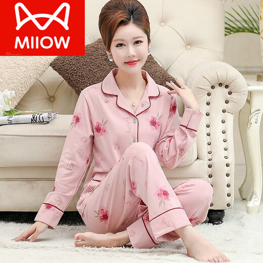 猫人（MiiOW）矮小个子老人长袖套装秋冬女士长裤纯棉睡衣中老年妈妈奢华家居服 2687 S (70-85斤)