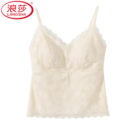 浪莎（LangSha）蕾丝吊带带胸垫内搭打底背心女2025新款春夏文胸一体美背外穿上衣 香槟白 XL