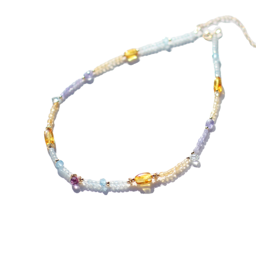 Li Shen's original design of natural amber, amethyst, aquamarine, tanzanite, American 14K gold choker beaded necklace, a customized adjustable necklace