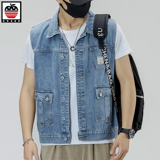 
AEMAPE Apple Spring and Summer New Working Denim Vest Men's Japanese Trendy Brand Loose Light Color Large Size Sleeveless Vest Jacket 6232# Light Blue M (Suggested 115-130Jin [Jin equals 0.5 kg])