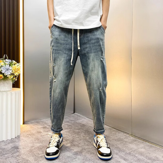 Yirancheng Chengpin Jeans Men's Carrot Pants New Summer Loose Harlem Pigs Handsome Nine-point Ripped Loose Breathable Pants Men Blue 2XL [Suggested 150-165 Jin [Jin equals 0.5 kg]]