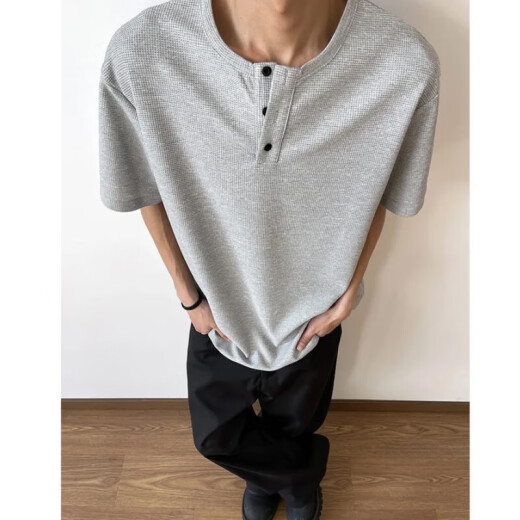 American Henry Neck Short Sleeve T-shirt Men's Summer Waffle Loose Casual Inner Base Shirt Top Gray Y41-YK XL