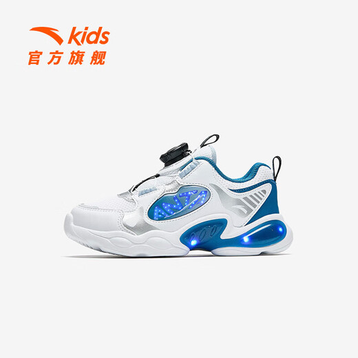 Anta-Kinder-Turnschuhe Jungenschuhe 2025 Frühling Neujahr Knopf Knopf Gesichtsbeleuchtung Freilaufschuhe [Jungen] Weiß/Industrial Blau/Silber 9904-1 32