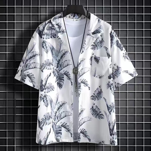 沙滩衬衫男夏季休闲三亚旅行穿搭衣服海边度假男装大码短袖花衬衫 2575白色 2XL