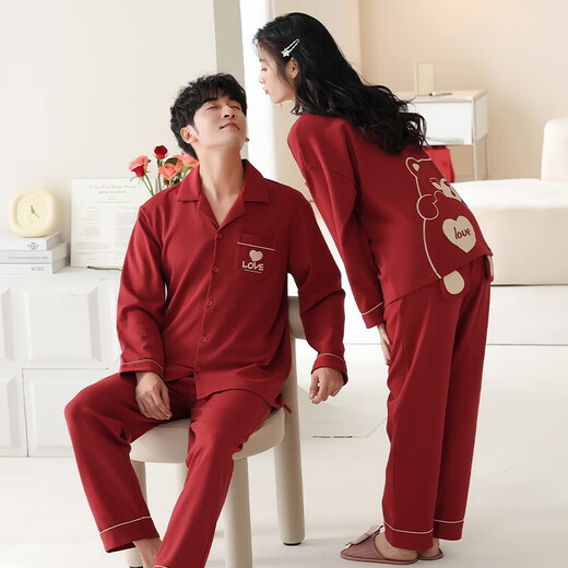 Admiring Autumn and Summer Wedding Couple Pajamas Pure Cotton Long Sleeve Long Style Suit Year of the Snake Red Zodiac Year Men and Women Spring and Autumn Style JS-6098 2 Set Price Female L + Male XXL