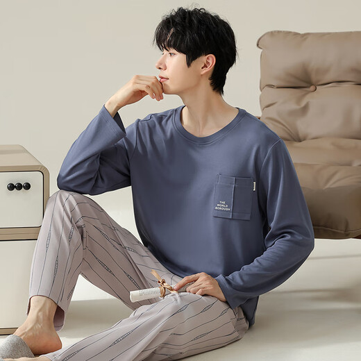 Langsha Pajamas Мужчины на 100% чистое хлопковое с длинным рукавом мужская домашняя одежда осень и зима удобная хлопковая пижама пижамы и брюки.