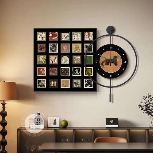 2025 new restaurant high-end decorative paintings light luxury and atmospheric medieval style Bailian LED light with clock wall K12806+PB57 70*70cm painting + 60*60cm wall clock with pendulum f