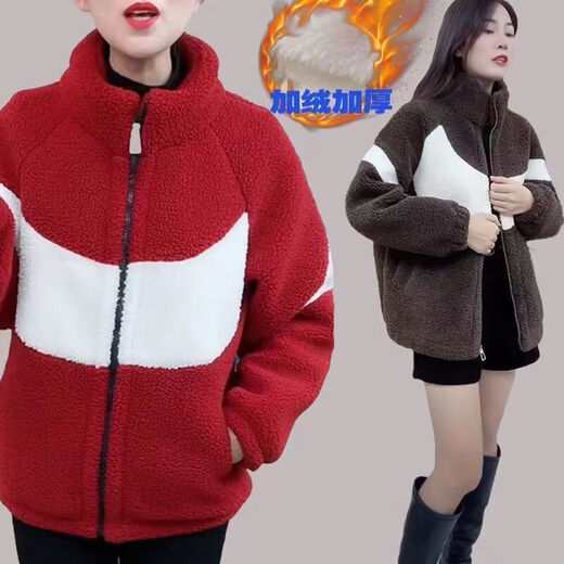 苜戈加绒加厚羊羔绒外套女冬季韩版百搭休闲羊羔毛保暖大衣棉服 679#【红色】加绒加厚 L( 95-110斤)