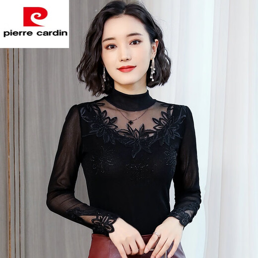 
Pierre cardin mesh bright silk base shirt for women autumn 2025 new high-neck inner long-sleeved T-shirt lace top for women 6224 black paper-cut flower thin XL (90Jin [Jin equals 0.5 kg]-115Jin [Jin equals 0.5 kg])