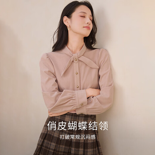 Xiangying pink long-sleeved shirt for women 2025 winter new bow collar age-reducing loose light workplace commuting shirt silver peony S