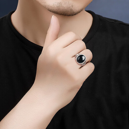 Cuiyingfu S925 silver-inlaid natural A-grade jade black jade egg-face ring ice jade ring men's ring adjustable D695 black jade ring D695 adjustable