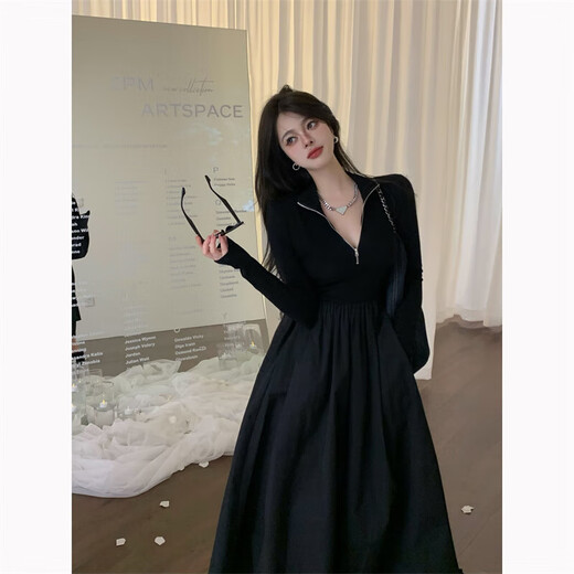 Trumpchi Vuitton large size 300Jin Jin is equal to 0.5kg Hong Kong style slim design stitching long-sleeved dress for fat mm women autumn and winter waist slimming long skirt black 2XL size recommended 150-190Jin Jin is equal to 0.5kg