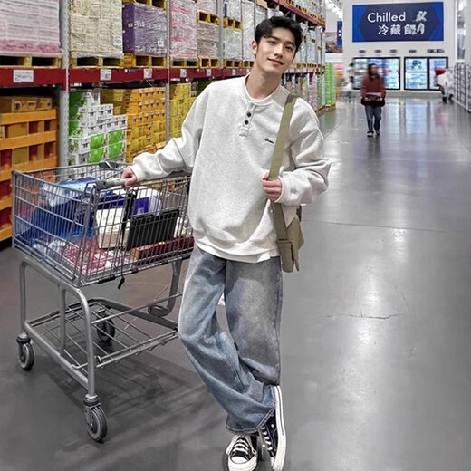 Henry collar sweatshirt men's spring and autumn hoodless American cleanfit bottoming shirt loose trendy brand long-sleeved T-shirt with spring white gray M