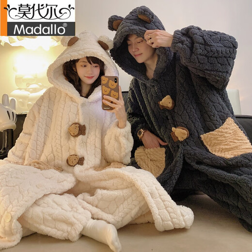 莫代尔情侣睡衣女秋冬季加厚加绒珊瑚绒2024新款男士睡袍小熊家居服套装 ZS#9909男(睡袍+睡裤) L 170