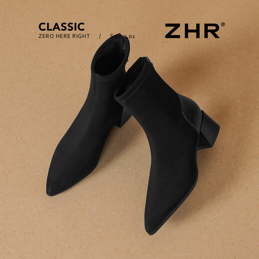 ZHR short boots women's winter plus velvet temperament pointed toe thick heel fashion boots women's versatile suede women's boots BL652A black 37