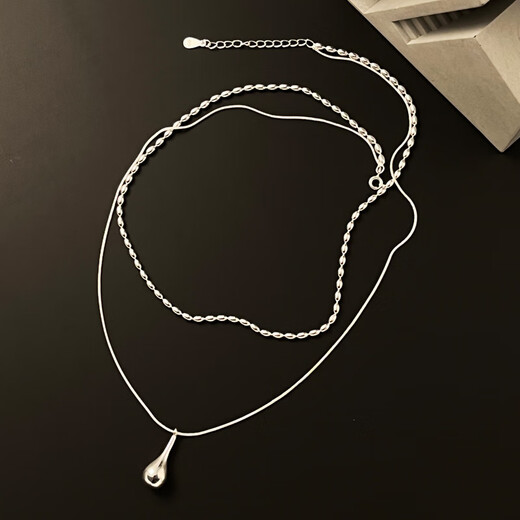925 sterling silver double layer necklace for women 2023 autumn and winter new rice grain water drop pendant clavicle chain fashionable N1274 plain silver 925 silver