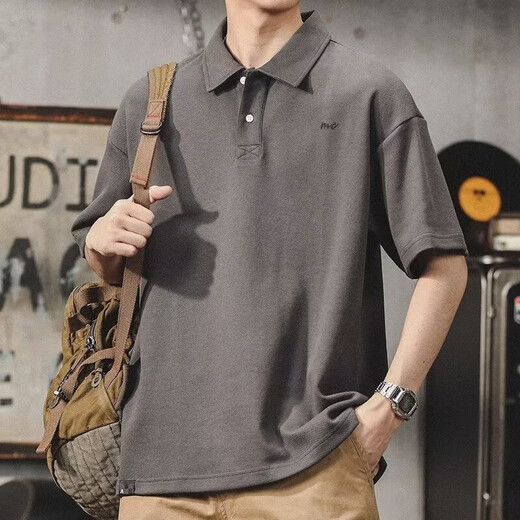 UKUHPK Japanisches Revers-Polo-Hemd kurzärmelig für Männer, vielseitiger, vielseitiger Baumwoll-T-Shirt, Sommer Lose-Hals-Top-Trend G691 Black + Grey M [Vorgeschlagen 90-110jin [Jin ist gleich 0,5 kg]]