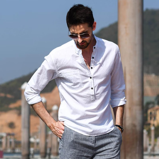 Kuraishi Kazuki trendy brand light luxury high-end cotton and linen Henry collar shirt men's 2025 summer new stand-up collar long-sleeved casual top dark gray XL