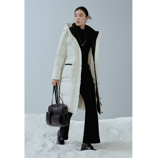 Single bundle large size women's mid-length age-reducing stand collar hooded down jacket for women with slightly fat mm winter new warm down jacket black and white M (size 1)