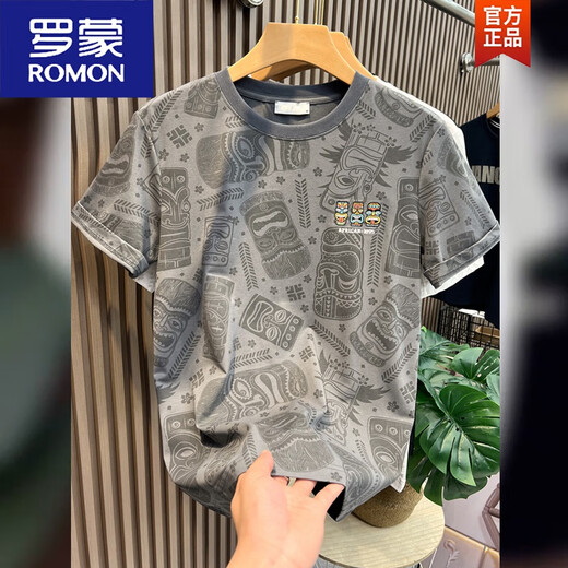 
ROMON European short-sleeved T-shirt for men 2025 summer new cartoon printed slim half-sleeved cotton top White XL 125-140Jin [Jin equals 0.5 kg]
