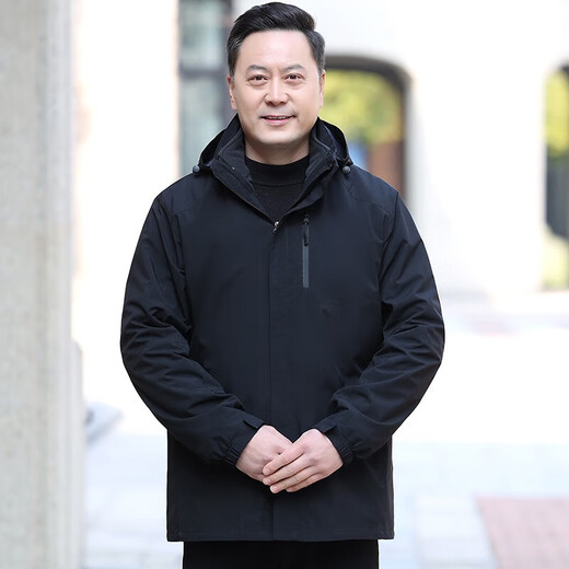 Luo Meng Autumn and Winter Jacket Men's Velvet Thickened Jacket Three-in-One Middle-aged and Elderly Jackets Men's Cotton Clothes Black Removable Velvet Liner Three-in-One XL