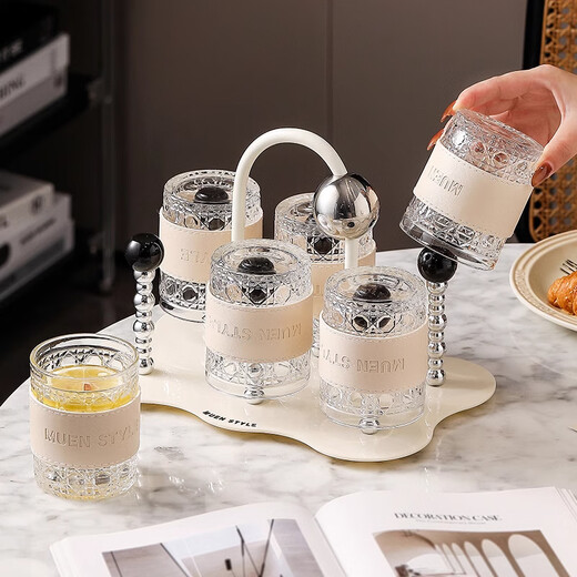Xiderun Light Luxury Cup Set Home Living Room Hospitality Tea Cup High-Looking Cream Style New Home Cup High-end Glass Water Cup with Leather-Milk White 6-Cup Set