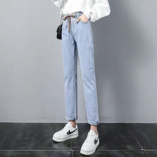智兜兜月袖小直筒牛仔裤女松紧腰春款2023年新款高腰显瘦弹力裤子修身烟 9928款蓝灰色加绒 均码 s 建议85-95斤