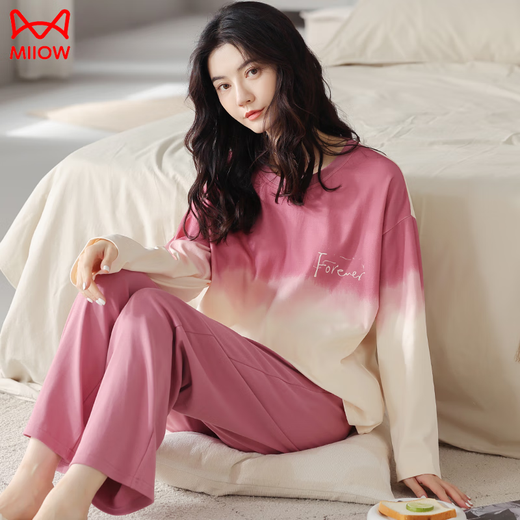 猫人（MiiOW）睡衣女款春秋款女2025新款纯棉布料全棉长袖春秋季柔美家居服 主图款MM:9901杏色喝奶茶小熊 套 M