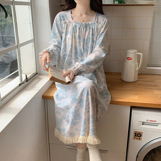 梦鸾带胸垫睡裙女款春秋季甜美长袖郁金香睡衣碎花宽松大码夏天家居服 1105 水墨花 M