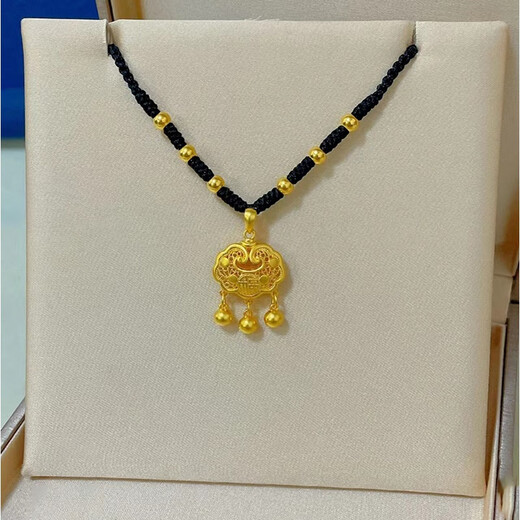 K gold safe lock gold necklace women's 999 gold fashionable braided black rope long life lock bell turn 1 gold bead black rope + safe lock