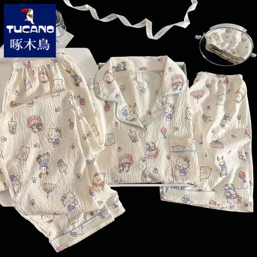 Woodpecker Summer HelloKitty Pajamas Women's Three-Piece Set Pure Cotton Gauze Cute Cartoon Short-Sleeved Home Suit Summer Cloud Cotton-9902# Star KT Cat Three-Piece Set M [Suggested 75-100Jin [Jin equals 0.5 kg]]