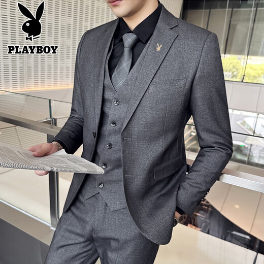 Playboy Suit Suit Men's Business Slim Suit Professional Formal Small Suit Groom Groomsman Wedding Dress Three-piece Set Black Two-Button Suit + Pants + Shirt + Gift Bag 2XL 130-145Jin Jin is equal to 0.5 kg