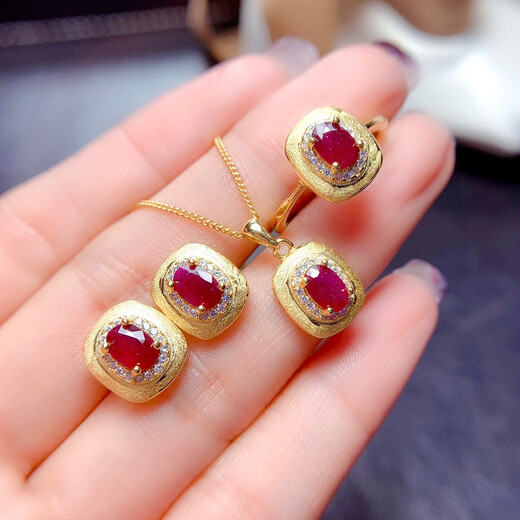 Tanhai natural ruby set high clarity main stone 4*6mm ruby ring earrings pendant three-piece set
