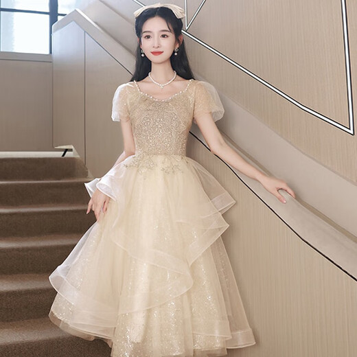 Li Baixin evening dress for women 2025 new light luxury niche champagne color high-end dress high-end graduation adult ceremony host champagne color mid-length L recommended 100-110Jin Jin equals 0.5 kg