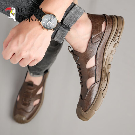 Specht echtes Leder -Kauflätschpferder erhöhte Lochschuhe für Männer Sommer neue 2024 Sandalen für Männer atmungsaktive hohle Männer lässig Innere 6629 Khaki/Innere erhöht 41